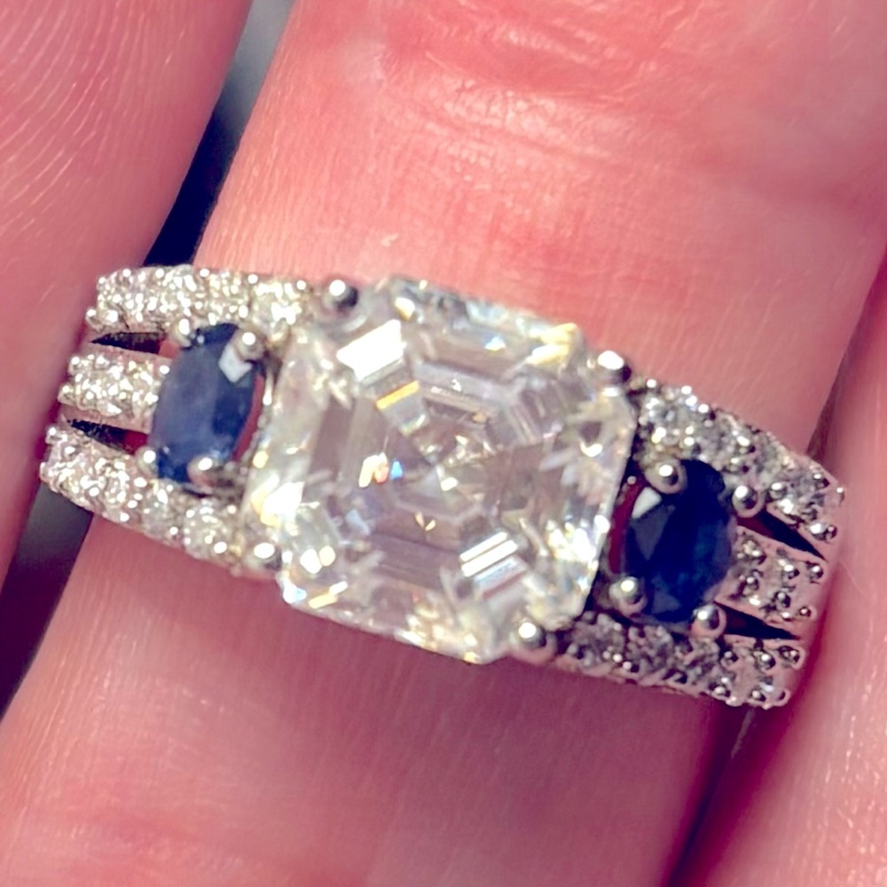 JTV Asscher cut Moissanite fire sapphire ring 5.75